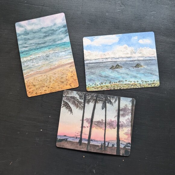 Set of 3 Beach Themed Post cards - Handmade -  Oahu Hawaii Ocean Art - Picture 1 of 5